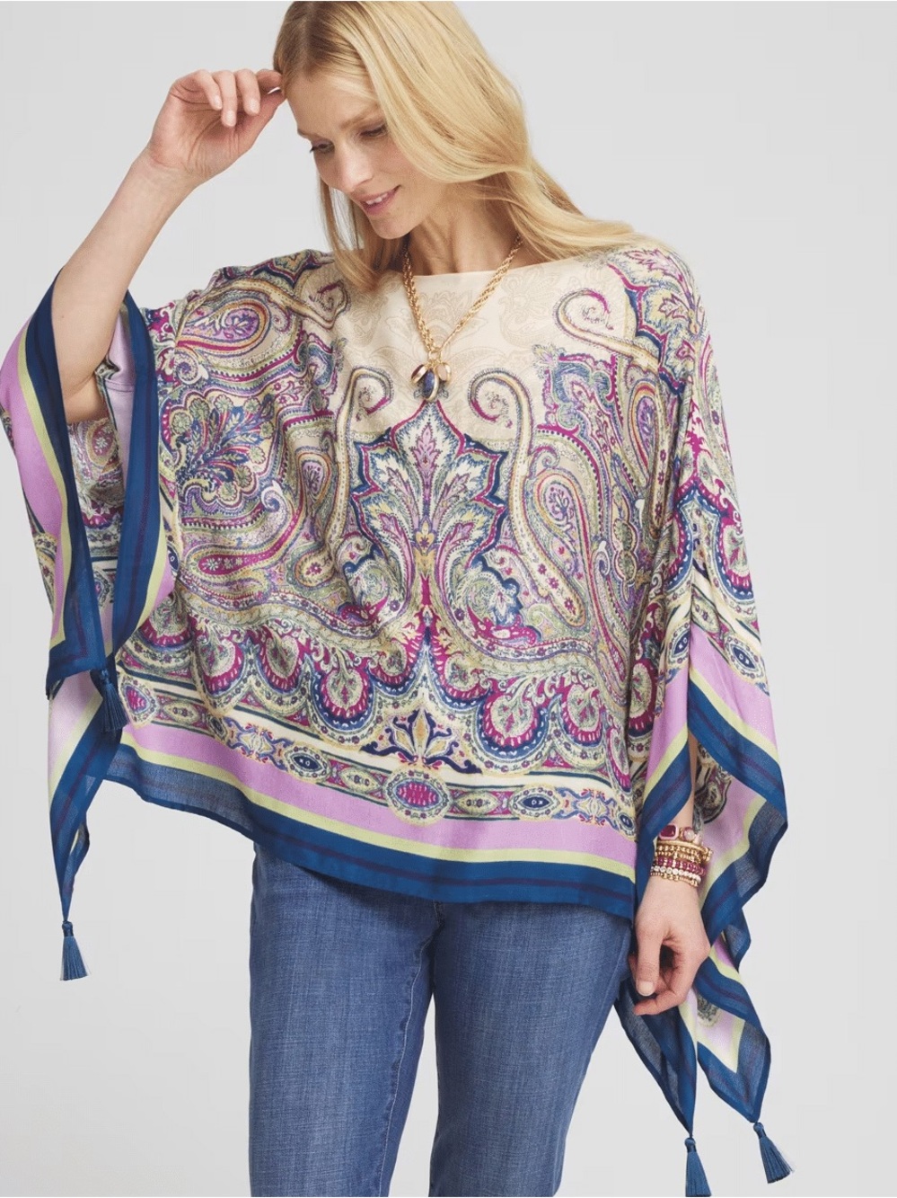 Chico’s Printed Poncho L/XL NWT Lightweight Rayon Boho Tassel